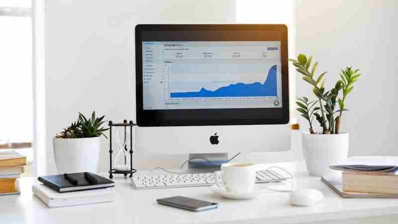 A clean, contemporary workspace featuring a desktop with analytics on the screen and plants for a fresh look. - A clean, contemporary workspace featuring a desktop with analytics on the screen and plants for a fresh look., tags: digitalen - pexel