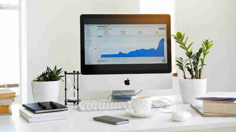 A clean, contemporary workspace featuring a desktop with analytics on the screen and plants for a fresh look., tags: die - pexel